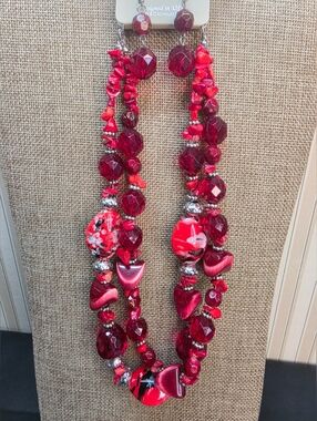 ESMOR Red Necklace & Earring Set Coral Chip Acrylic Statement